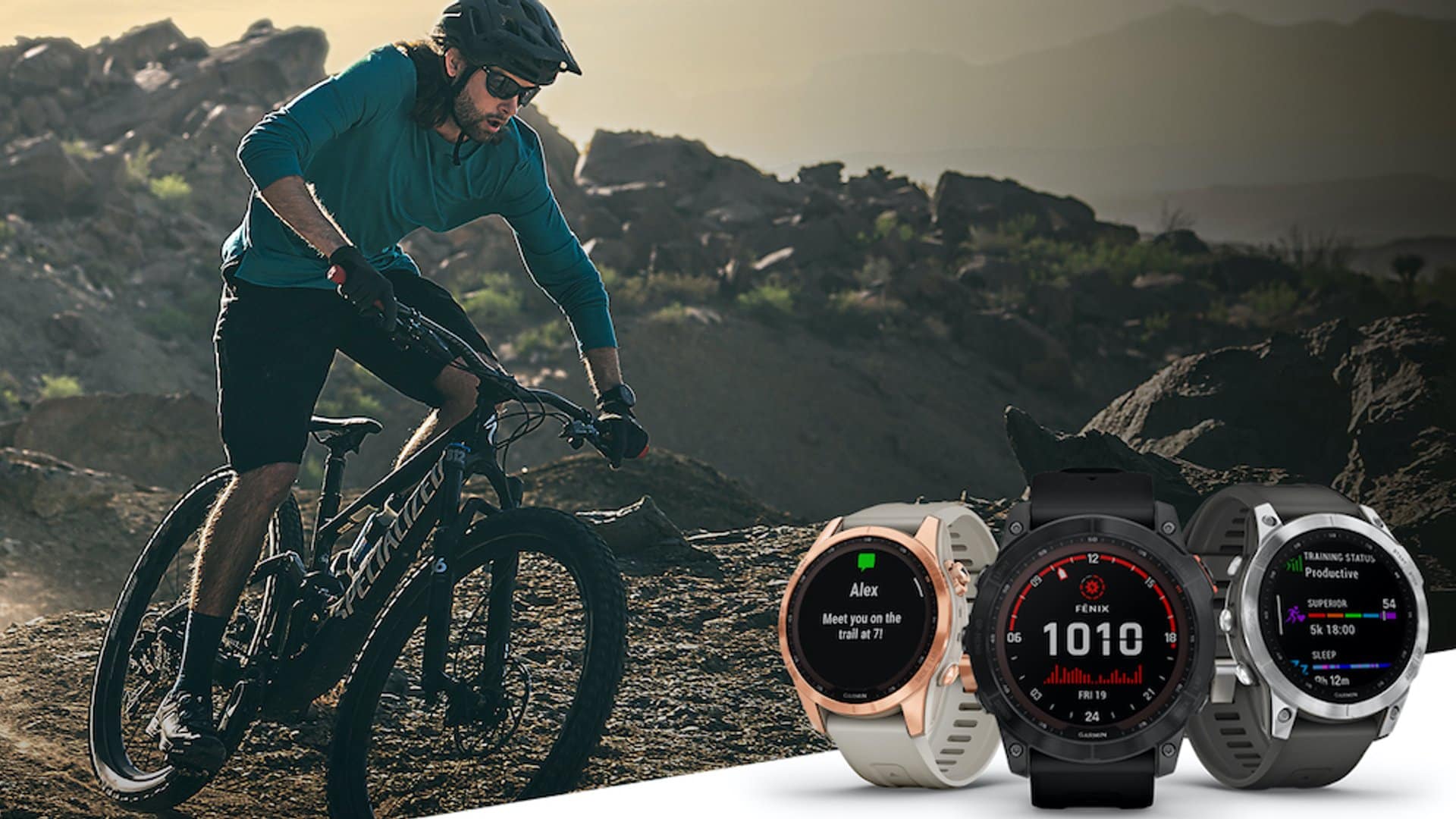 Garmin Fenix 7 com ciclista de mountain bike ao fundo