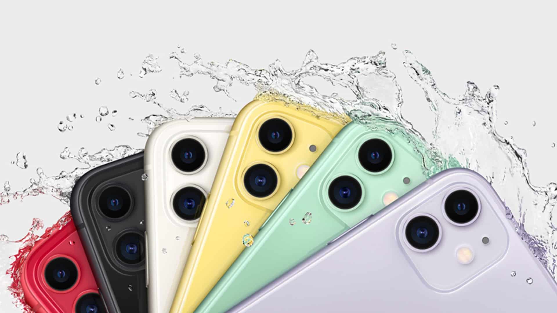 iPhone 11 nas seis cores com respingos de água